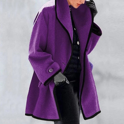 Homixa Agnes women's merino wool trench coat with statement collar, contrast trim, and buttoned cuffs, stylish outerwear for women.