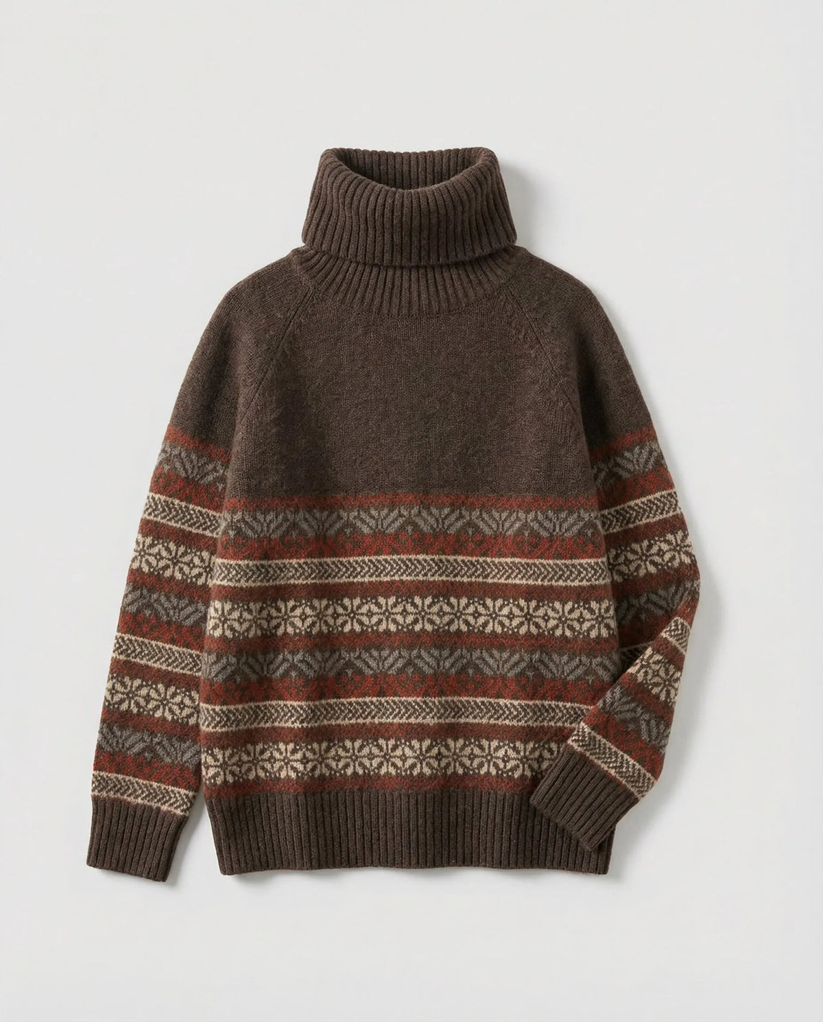 Homixa Lily women's fair-isle turtleneck sweater with patterned sleeves and ribbed cuffs, cozy and stylish winter knitwear.