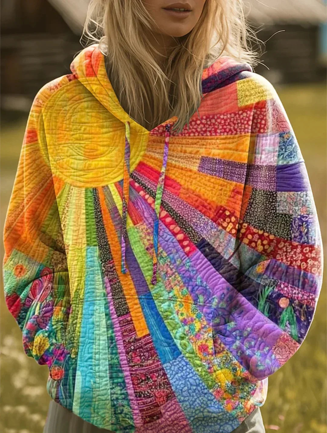 Vibrant patchwork bohemian hoodie from Harper & Wells featuring colorful fabric panels and a relaxed fit.