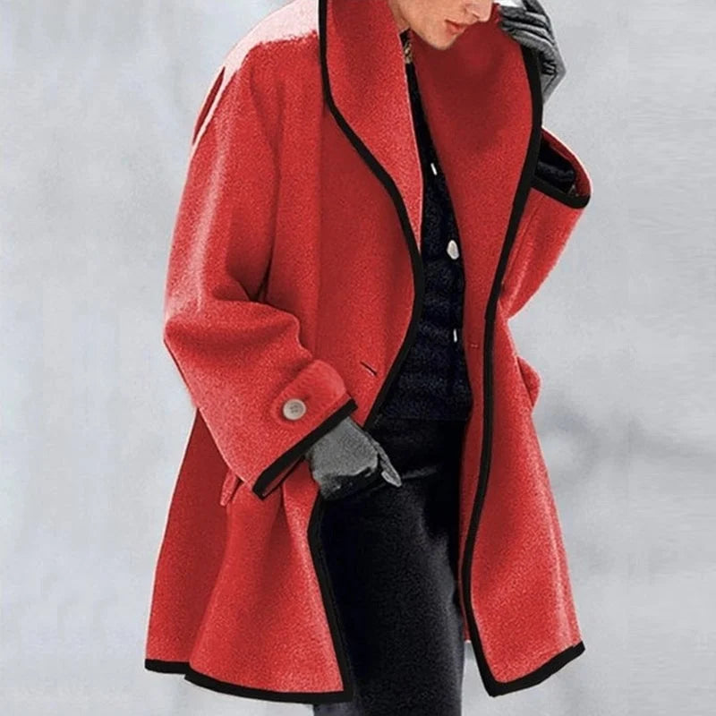 Homixa Agnes women's merino wool trench coat with statement collar, contrast trim, and buttoned cuffs, stylish outerwear for women.
