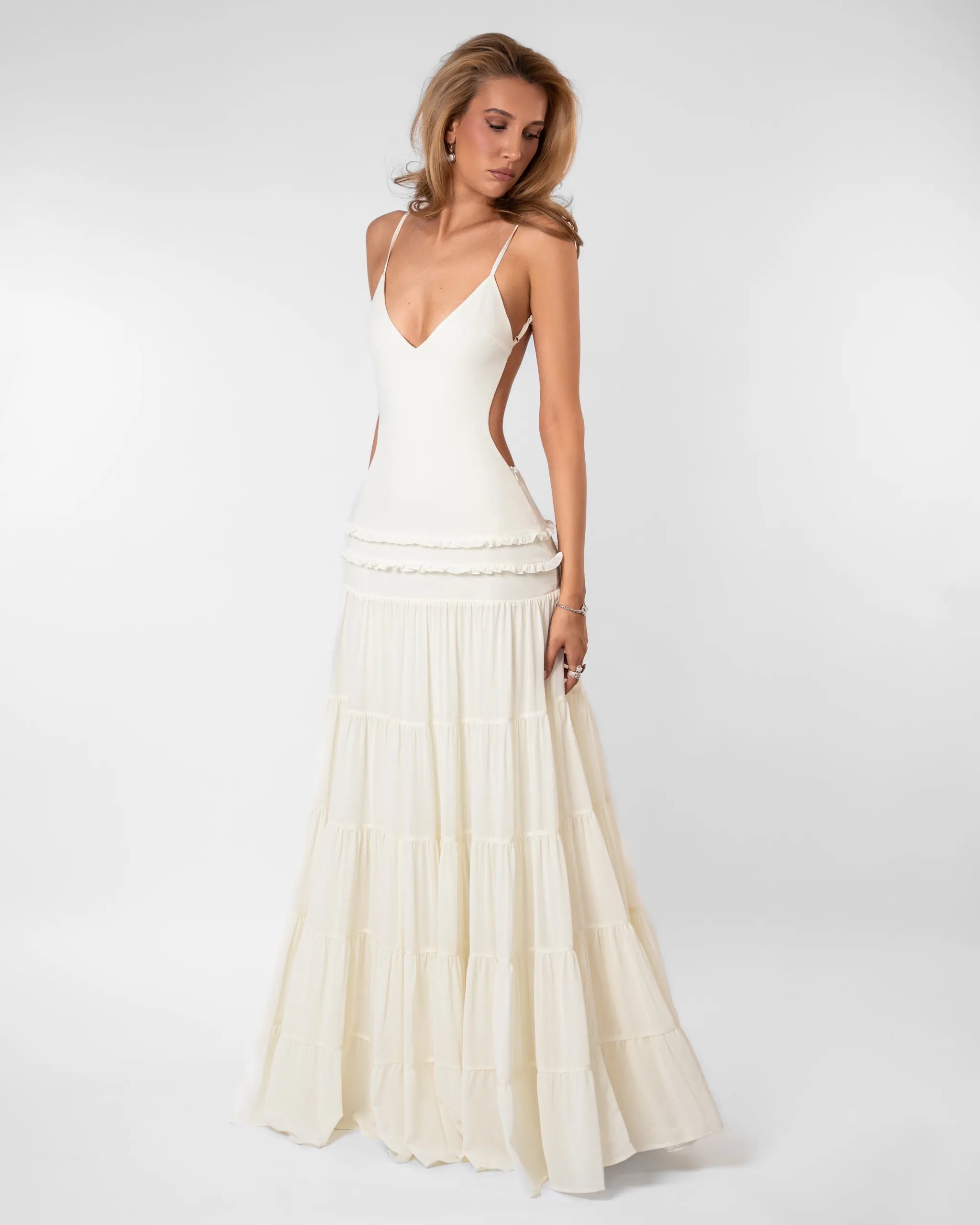 Homixa Women's Tiered Spaghetti-Strap Maxi Dress with flowing fabric and layered design, perfect for summer or casual occasions.