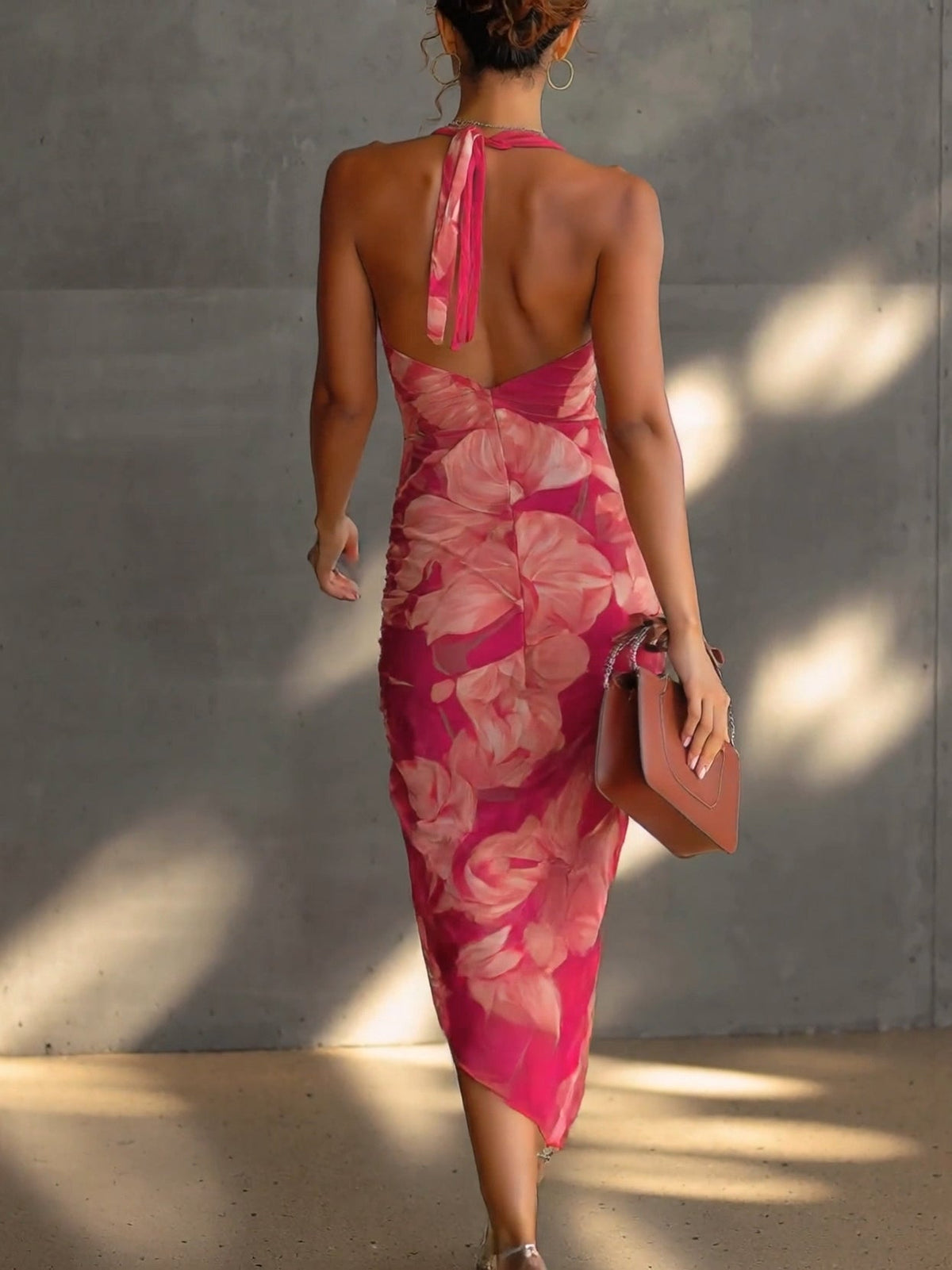 Fuchsia floral Kate and Wendy Roxanne maxi bodycon dress for women, featuring vibrant floral pattern and fitted silhouette.