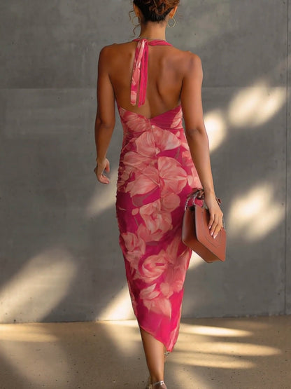 Fuchsia floral Kate and Wendy Roxanne maxi bodycon dress for women, featuring vibrant floral pattern and fitted silhouette.