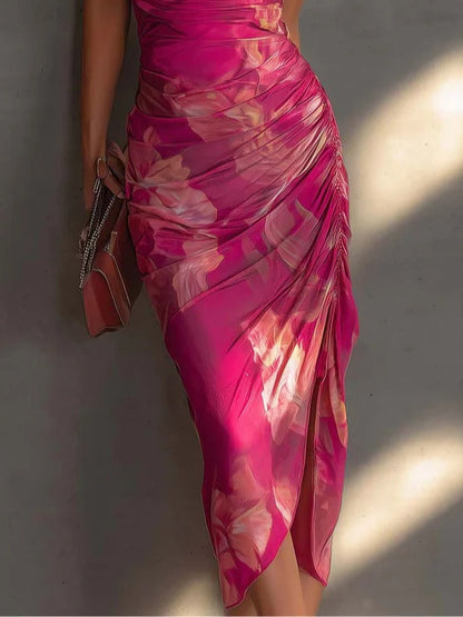 Fuchsia floral bodycon maxi dress for women, Kate and Wendy Roxanne collection, featuring a fitted silhouette and vibrant floral pattern.
