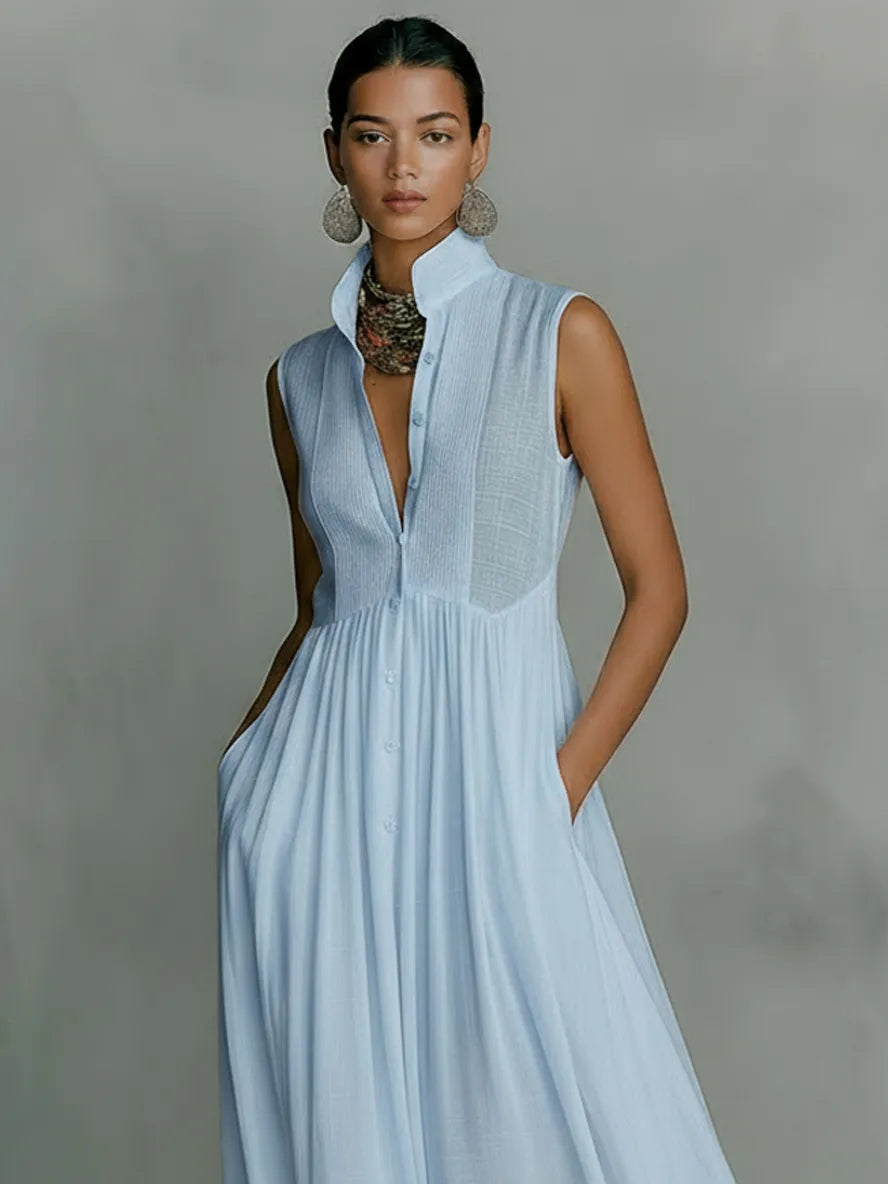 Homixa women's sleeveless stand-collar pocket maxi dress with a flowy silhouette and casual style, perfect for summer wear.
