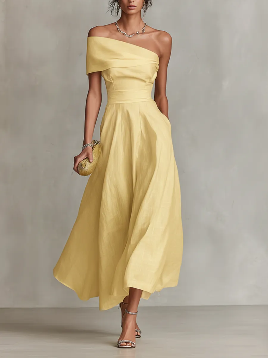 Women's Solene one-shoulder fitted-waist midi dress, elegant and stylish for formal occasions, shown in a flattering design.