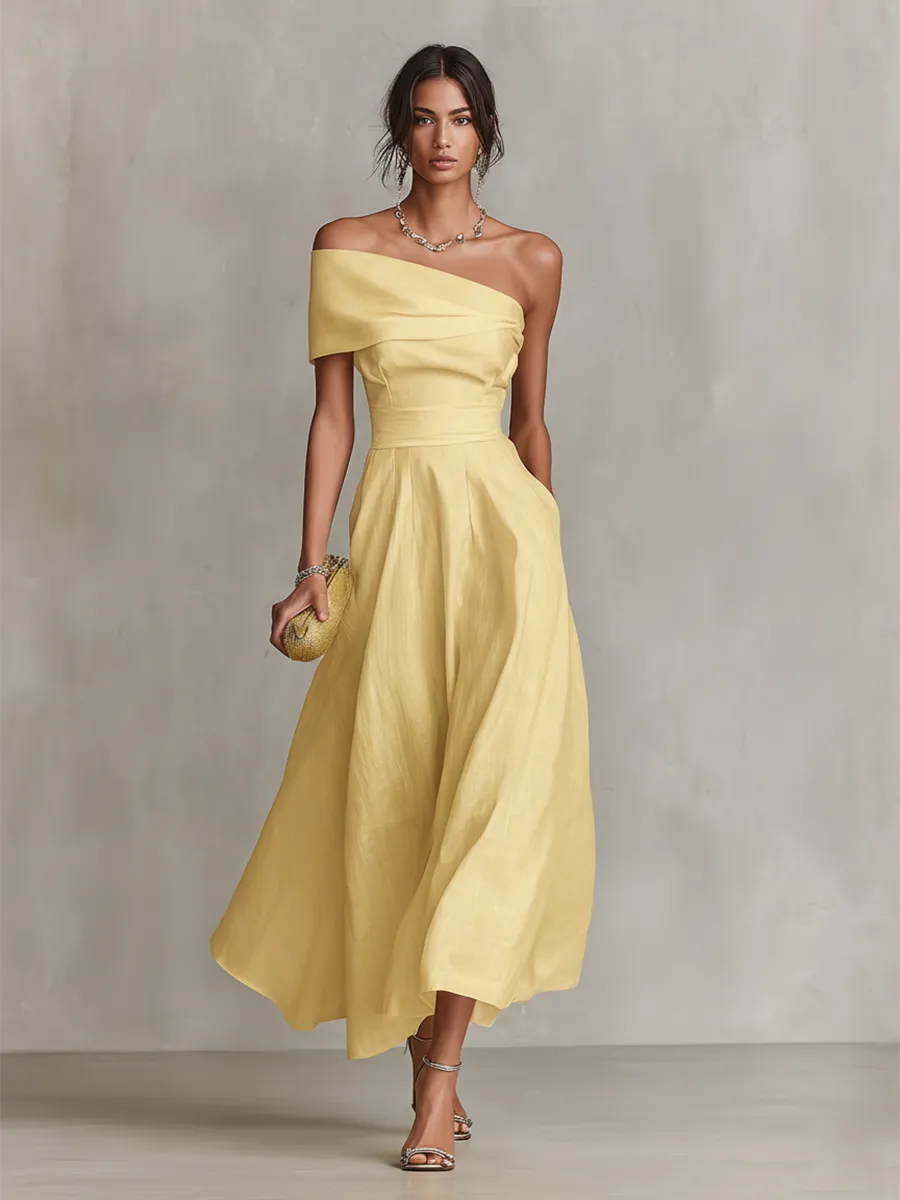 Homixa Women's one-shoulder fitted-waist midi dress in elegant fabric, showcasing a stylish and modern silhouette.