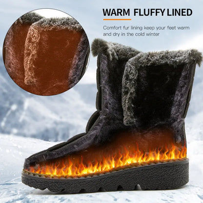 Homixa women's snow boots showing insulated, waterproof design with thick soles and cozy fur lining for winter warmth.