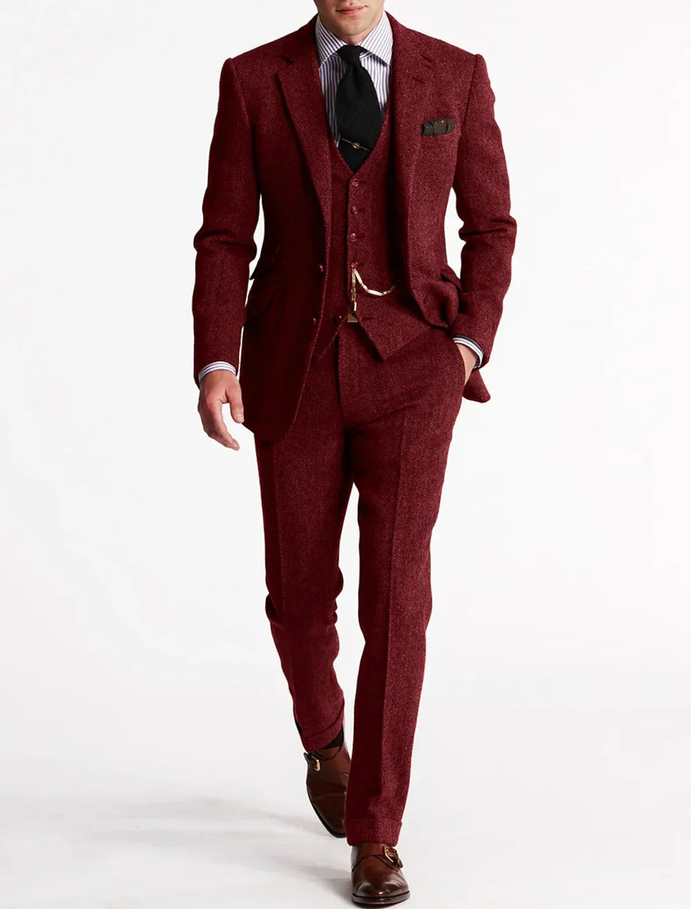 Homixa Avesene two-piece tweed tuxedo suit with tailored jacket and flat-front trousers, showcasing classic formal style.