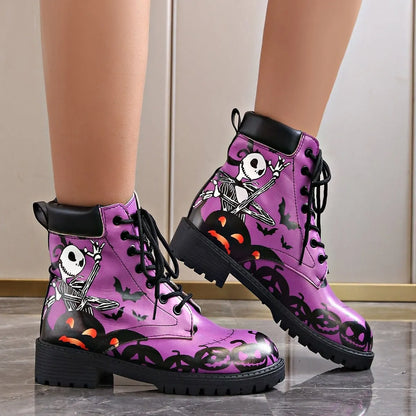 Women's Halloween Combat Boots by Homixa featuring skeleton, pumpkin, and bat lace-up design with spooky details.