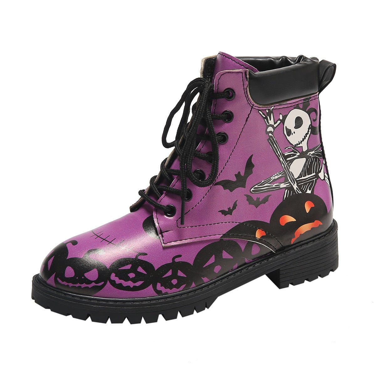 Women's Halloween combat boots by Homixa featuring skeleton, pumpkin, and bat lace-up design with spooky, festive details.