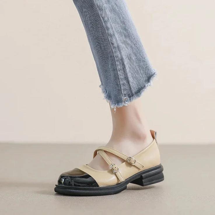 Homixa women's Mary Jane shoes with leather upper, low heel, casual style, and touchy design for everyday wear.