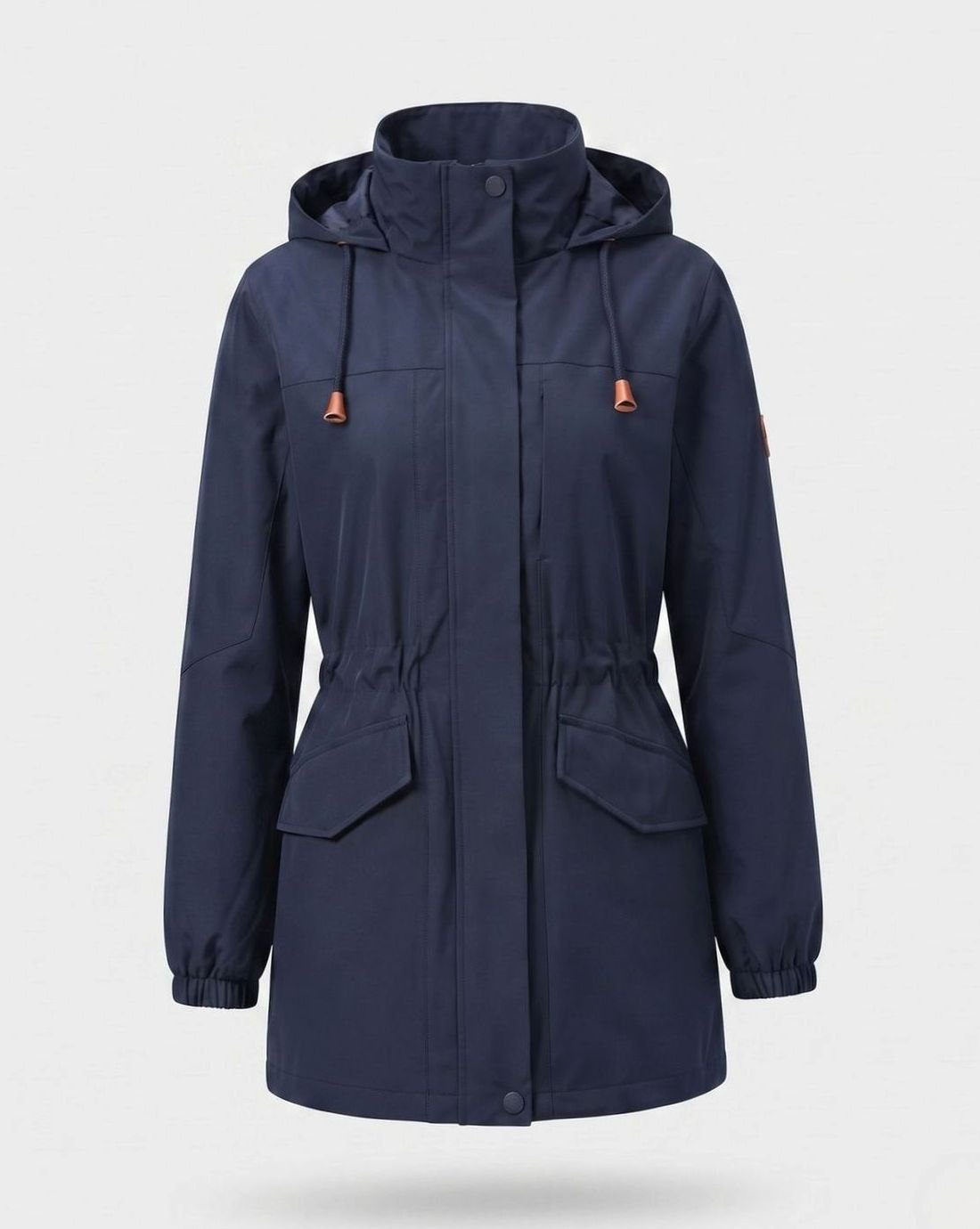 Homixa water-repellent longline parka with hood and adjustable drawstring waist, showcasing its sleek design and durable fabric.