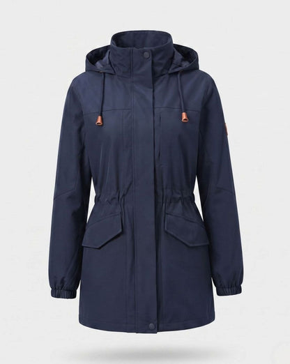 Homixa water-repellent longline parka with hood and adjustable drawstring waist, showcasing its sleek design and durable fabric.