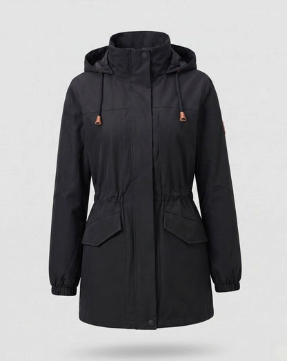 Homixa waterproof hooded fall parka with drawstring waist and flap pockets, designed for water resistance and autumn weather.