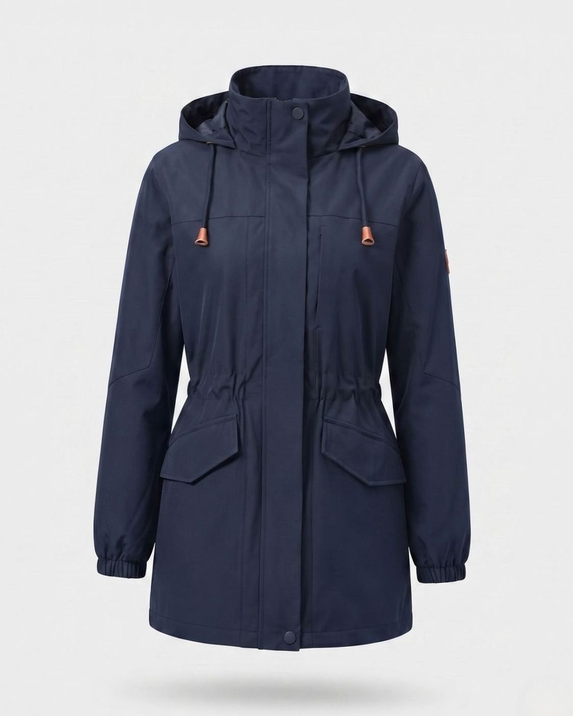 Homixa waterproof hooded fall parka with drawstring waist and flap pockets, designed for water resistance and outdoor comfort.