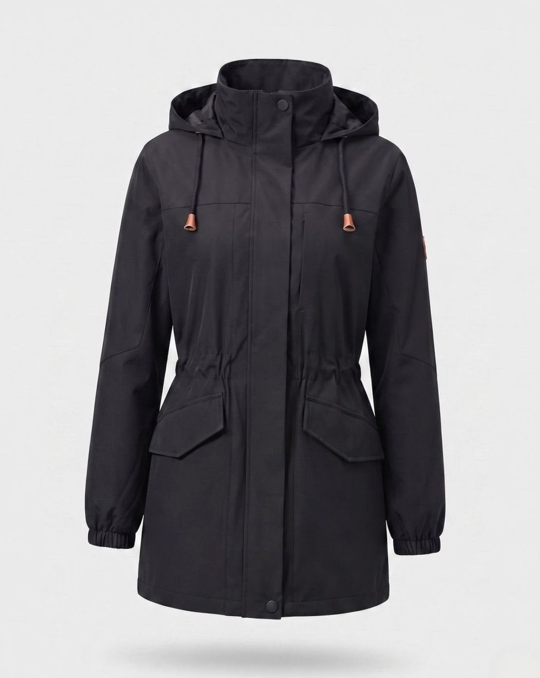 Homixa waterproof hooded fall parka with drawstring waist and flap pockets, designed for water resistance and casual outdoor wear.