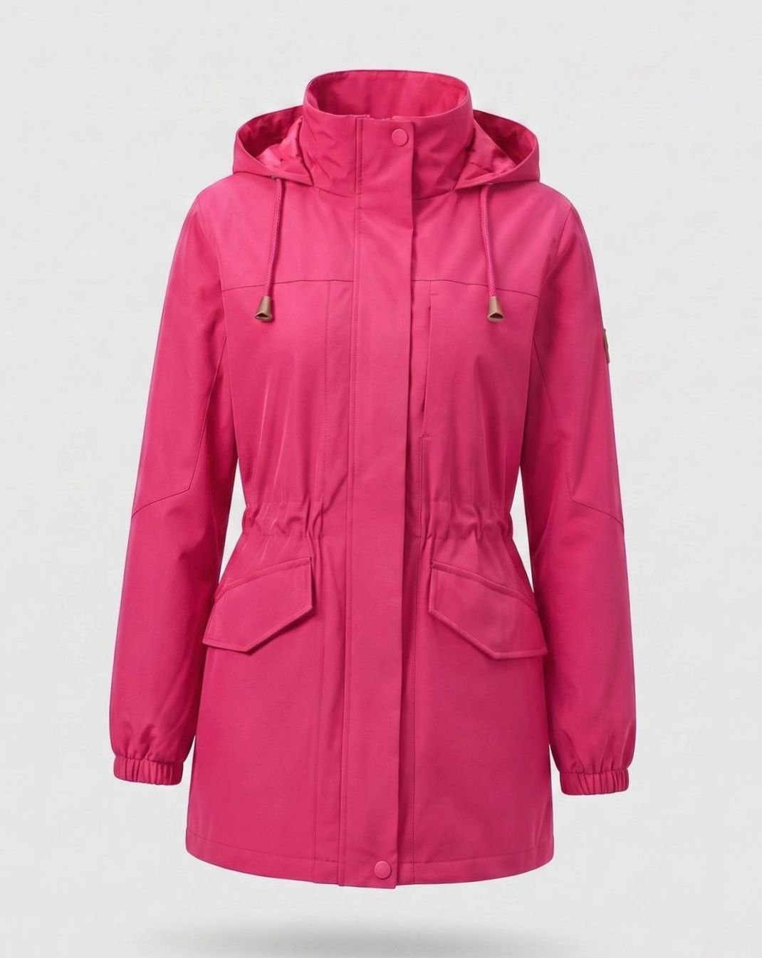 Homixa waterproof hooded fall parka with drawstring waist and flap pockets, designed for water resistance and autumn weather.