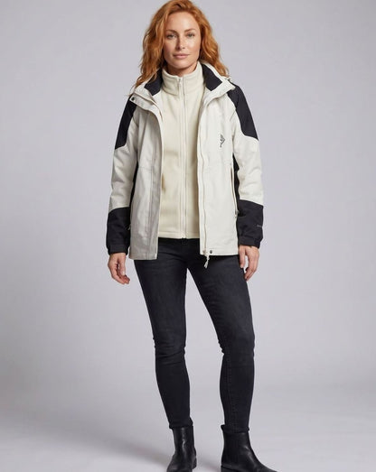 Homixa waterproof two-layer hooded outdoor jacket with adjustable hem and cuffs, shown with front view and detailed fabric texture