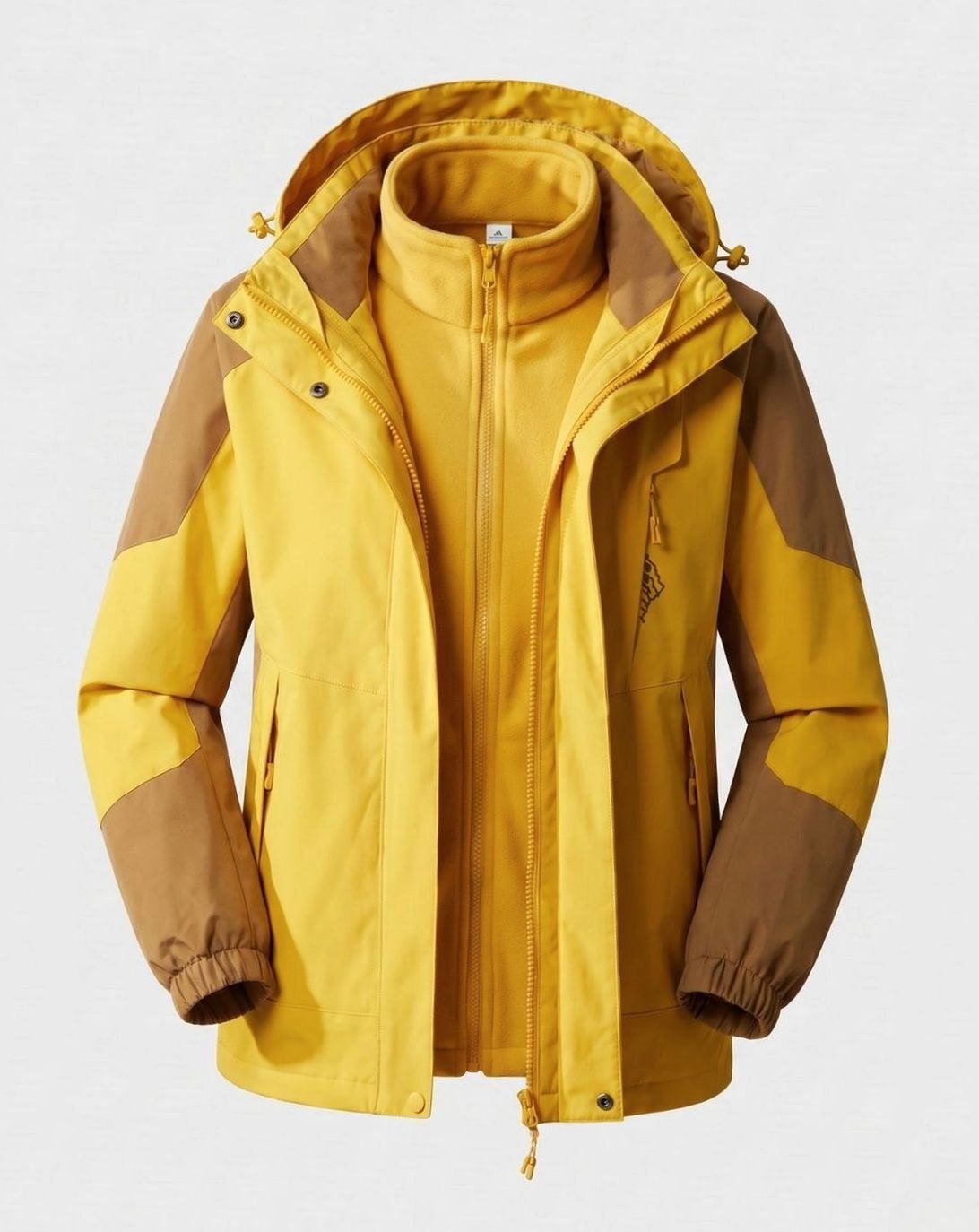 Homixa waterproof two-layer hooded outdoor jacket with adjustable hem and cuffs, shown hanging outdoors in a natural setting.