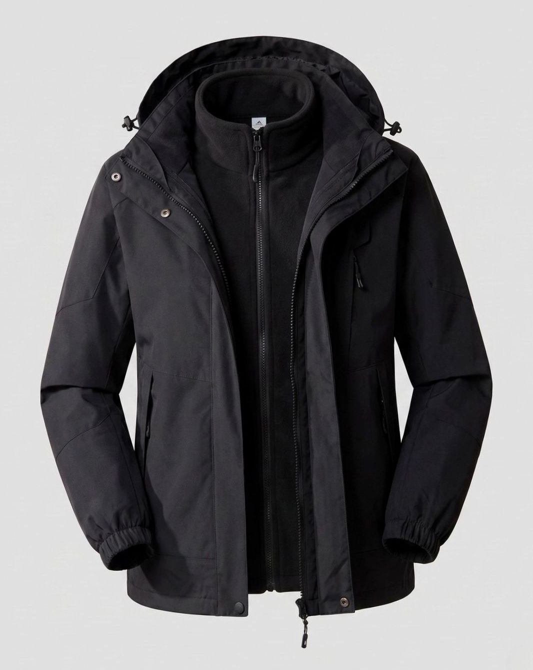 Homixa waterproof two-layer hooded outdoor jacket with adjustable hem and cuffs, shown in a weather-resistant outdoor apparel style.
