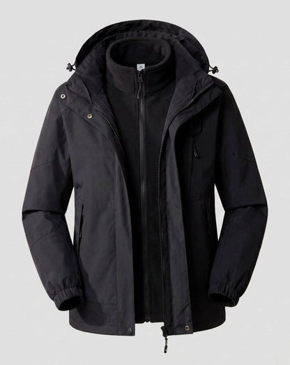 Homixa waterproof two-layer hooded outdoor jacket with adjustable hem and cuffs, shown in a weather-resistant outdoor apparel style.