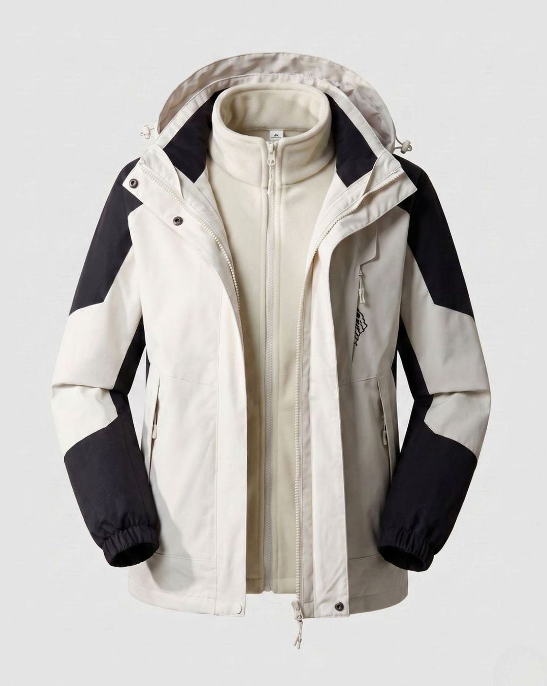 Homixa waterproof two-layer hooded outdoor jacket with adjustable hem and cuffs, showing the jacket's front view and hood detail.
