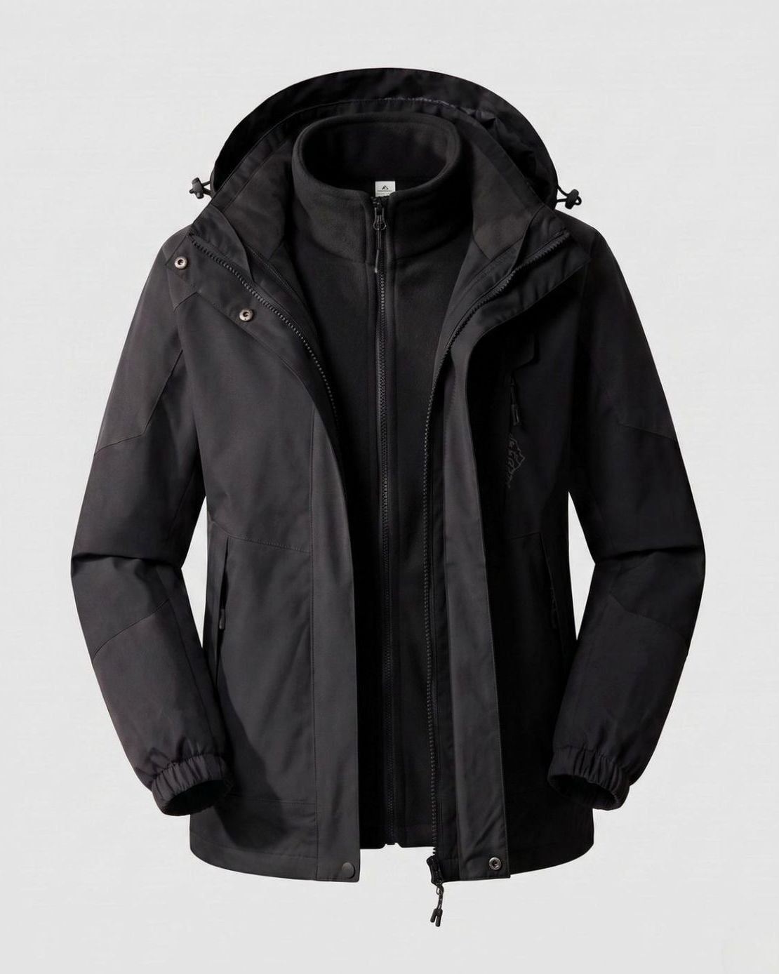 Homixa waterproof two-layer hooded outdoor jacket with adjustable hem and cuffs, showcasing rain-resistant fabric and a secure hood.