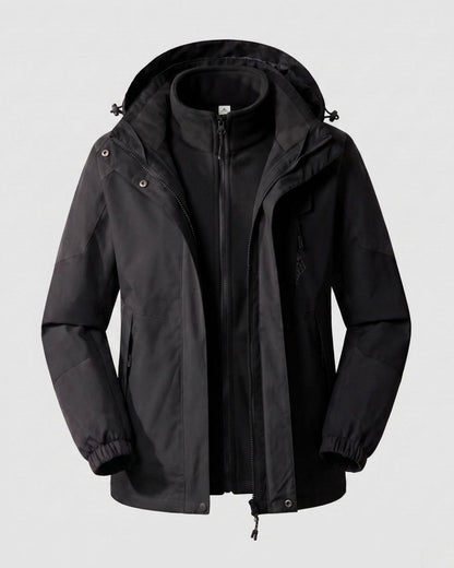 Homixa waterproof two-layer hooded outdoor jacket with adjustable hem and cuffs, showcasing rain-resistant fabric and a secure hood.