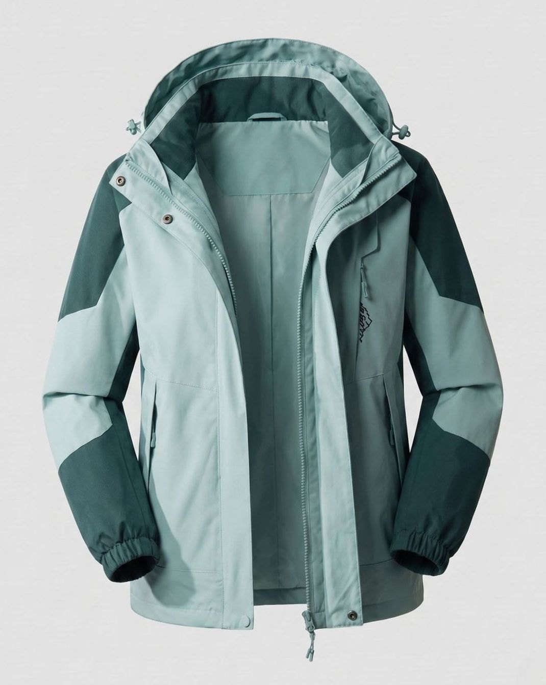Homixa waterproof two-layer hooded outdoor jacket with adjustable hem and cuffs, suitable for rainy weather and outdoor activities.
