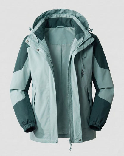 Homixa waterproof two-layer hooded outdoor jacket with adjustable hem and cuffs, suitable for rainy weather and outdoor activities.