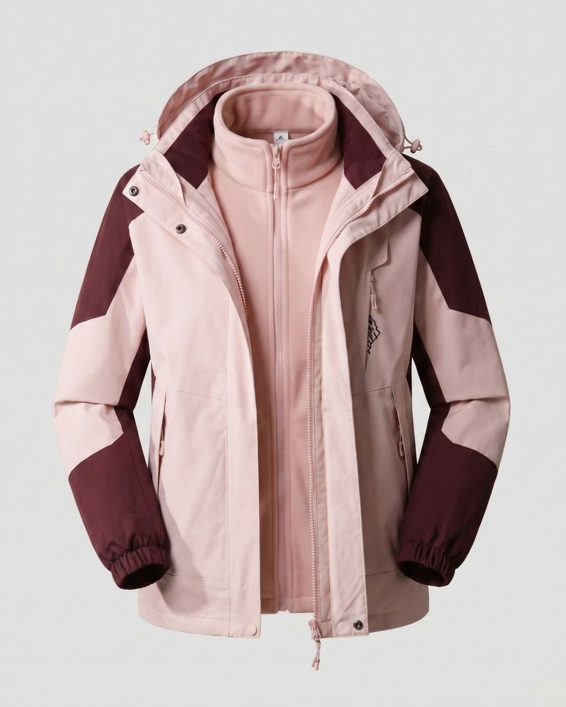 Homixa waterproof two-layer hooded outdoor jacket with adjustable hem and cuffs, shown on a model in a rugged outdoor setting.
