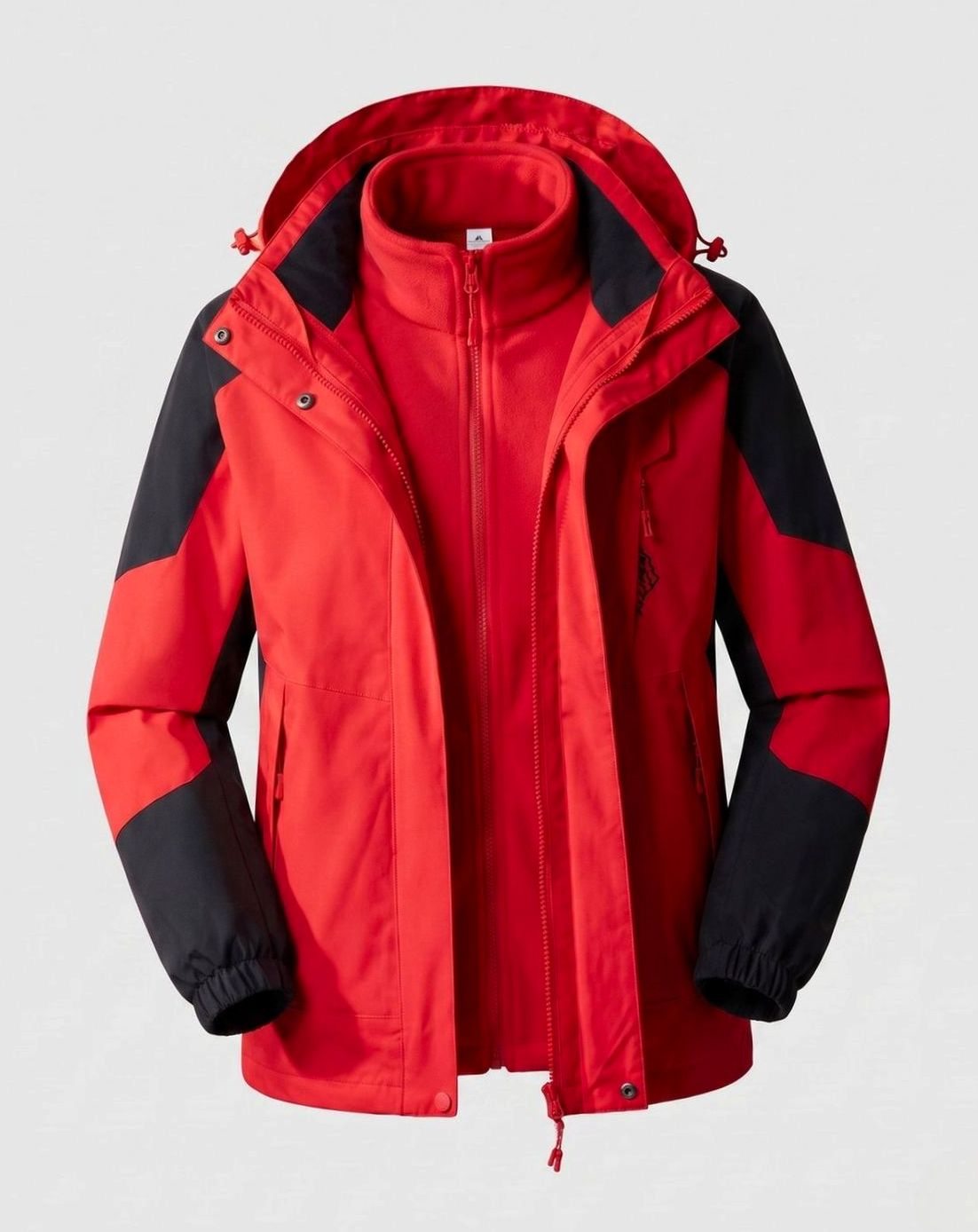 Homixa waterproof two-layer hooded outdoor jacket with adjustable hem and cuffs, shown with front zipper and hood in outdoor setting.