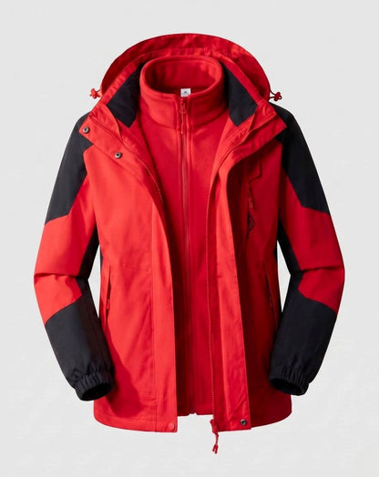 Homixa waterproof two-layer hooded outdoor jacket with adjustable hem and cuffs, shown with front zipper and hood in outdoor setting.