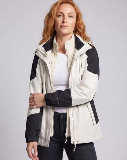 Homixa waterproof two-layer hooded outdoor jacket with adjustable hem and cuffs, shown hanging on a hanger.