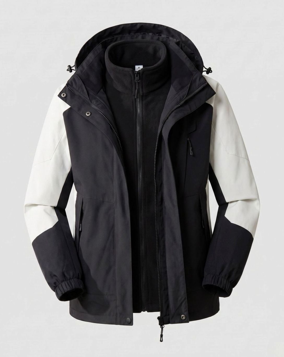 Homixa waterproof two-layer hooded outdoor jacket with adjustable hem and cuffs, shown with front view and zipped closure.