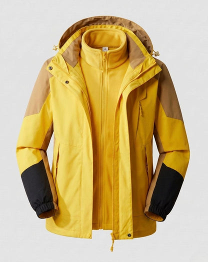 Homixa waterproof two-layer hooded outdoor jacket with adjustable hem and cuffs, designed for outdoor activities and weather protection.