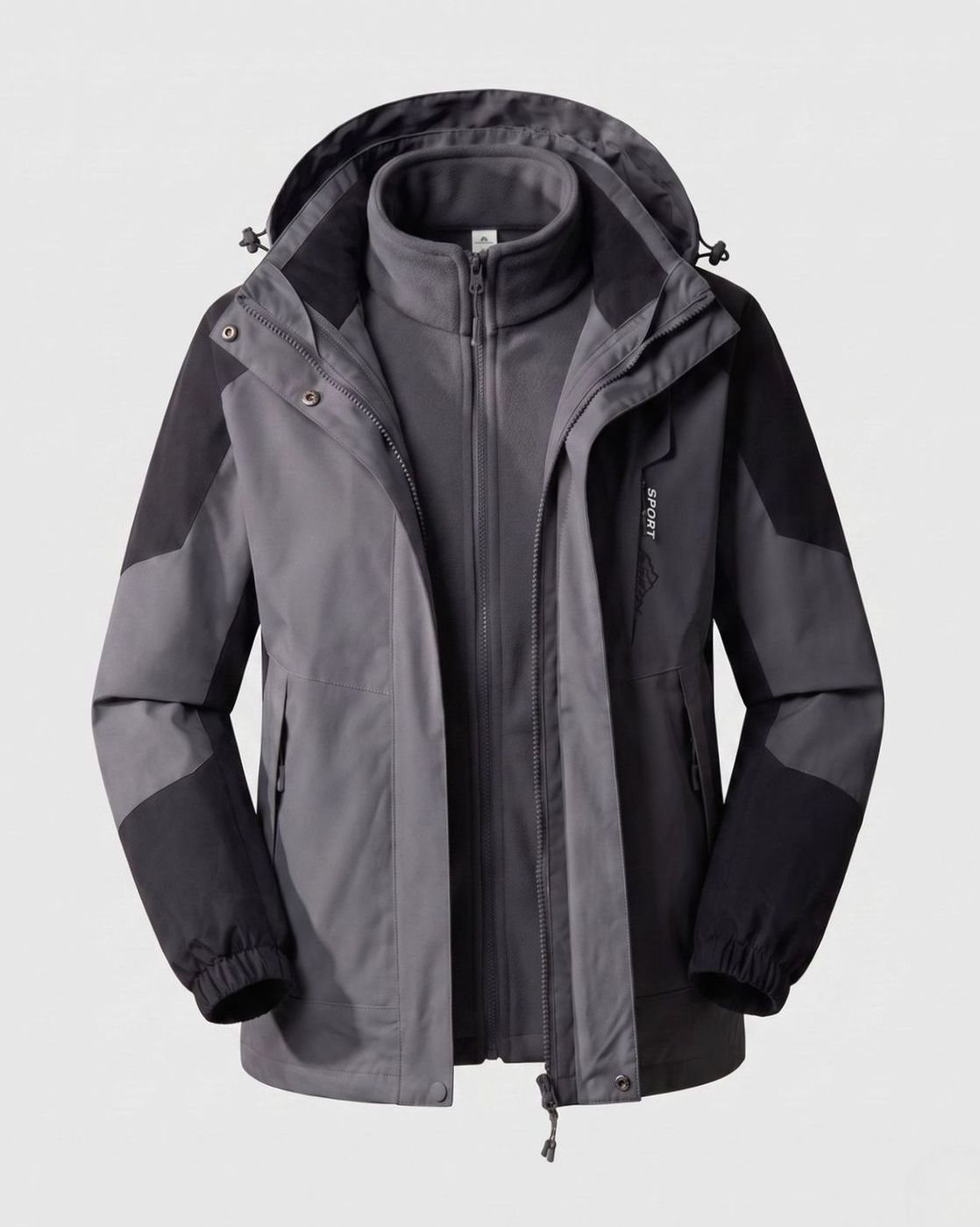 Homixa waterproof two-layer hooded outdoor jacket with adjustable hem and cuffs, suitable for outdoor activities and rainy weather.