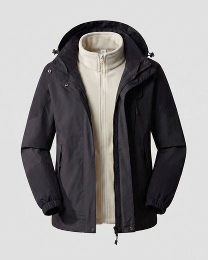 Homixa waterproof two-layer hooded outdoor jacket with adjustable hem and cuffs, shown with front view and zipper closure.