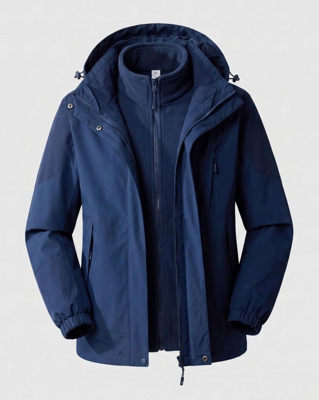 Homixa waterproof two-layer hooded outdoor jacket with adjustable hem and cuffs, shown in a versatile outdoor style.