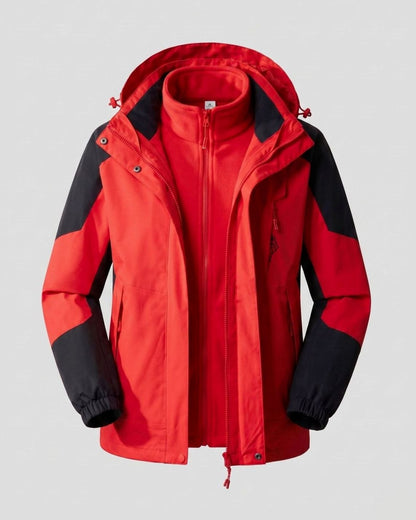 Homixa waterproof two-layer hooded outdoor jacket with adjustable hem and cuffs, shown on a model in a nature setting.