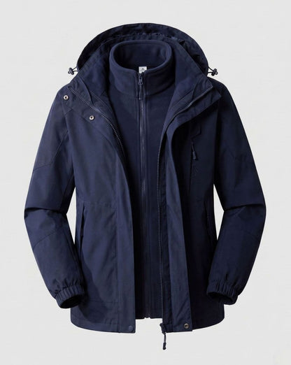 Homixa waterproof two-layer hooded outdoor jacket with adjustable hem and cuffs, shown in a versatile outdoor setting.