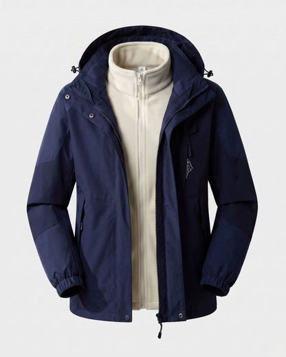 Homixa waterproof two-layer hooded outdoor jacket with adjustable hem and cuffs, ideal for rainy weather and outdoor activities.