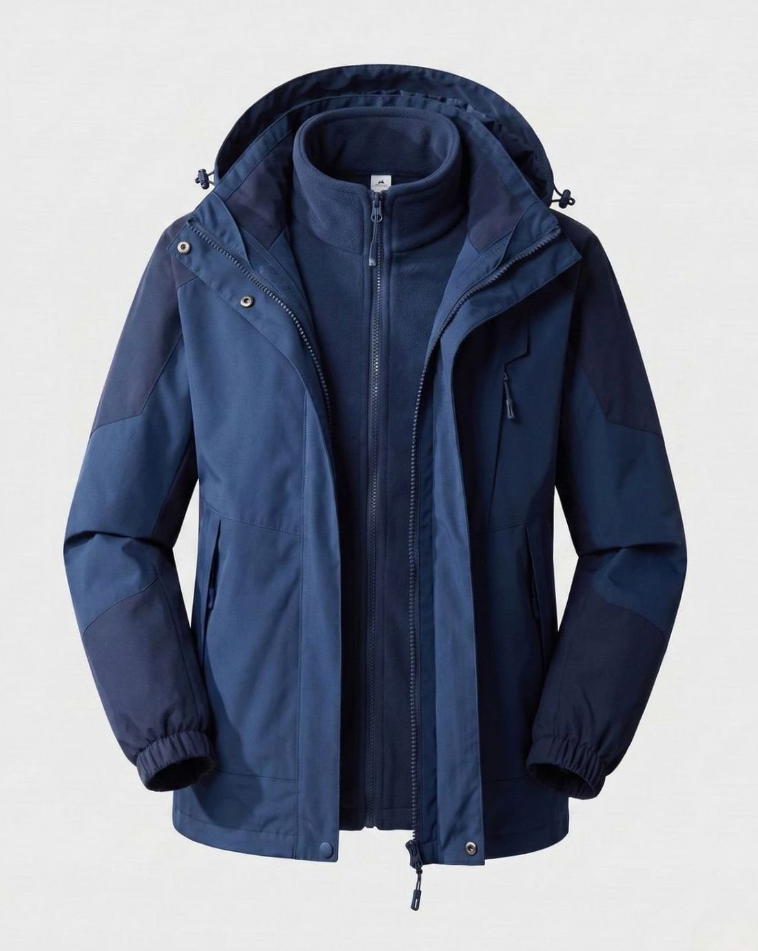 Homixa waterproof two-layer hooded outdoor jacket with adjustable hem and cuffs, suitable for outdoor activities.