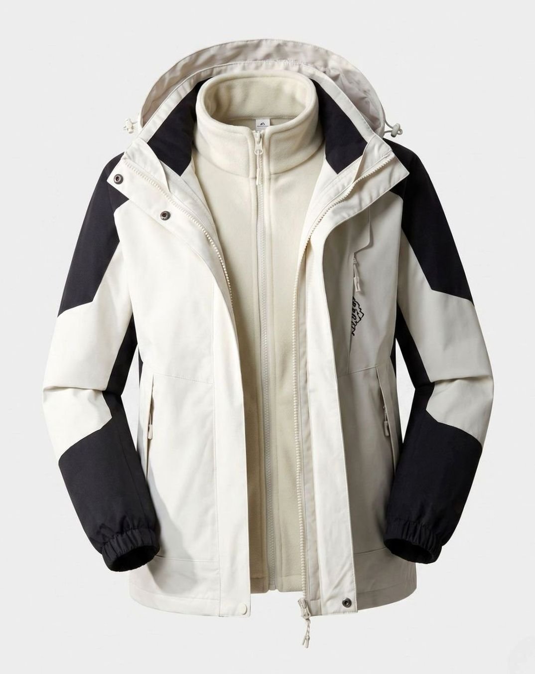 Homixa waterproof two-layer hooded outdoor jacket with adjustable hem and cuffs, shown in a forest setting.