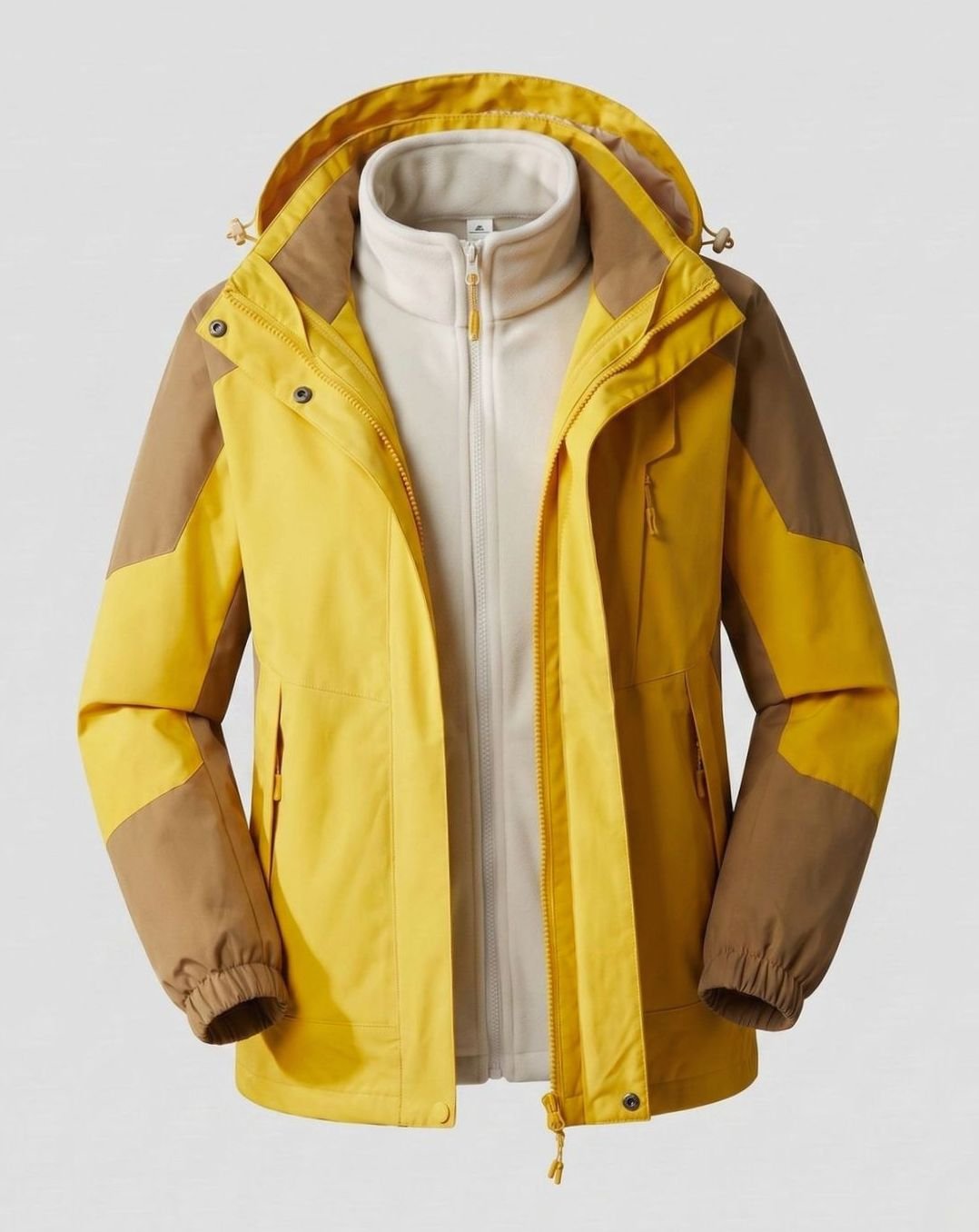 Homixa waterproof two-layer hooded outdoor jacket with adjustable hem and cuffs, shown with front view and secure zipper.