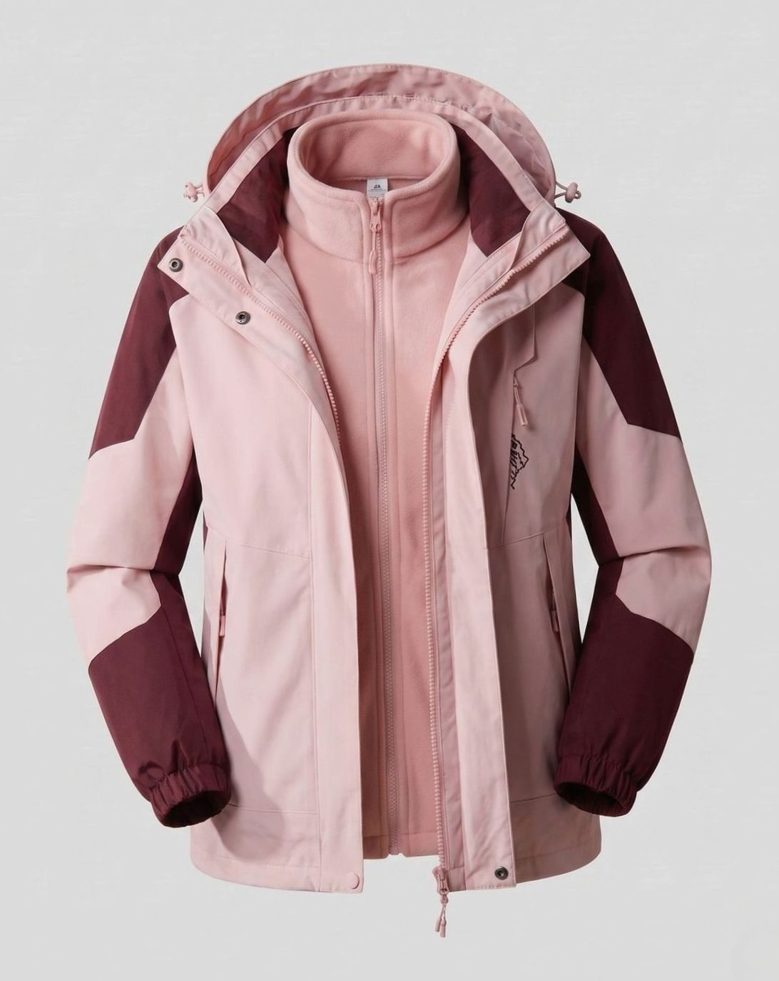 Homixa waterproof two-layer hooded outdoor jacket with adjustable hem and cuffs, shown with front zipper and lightweight design.