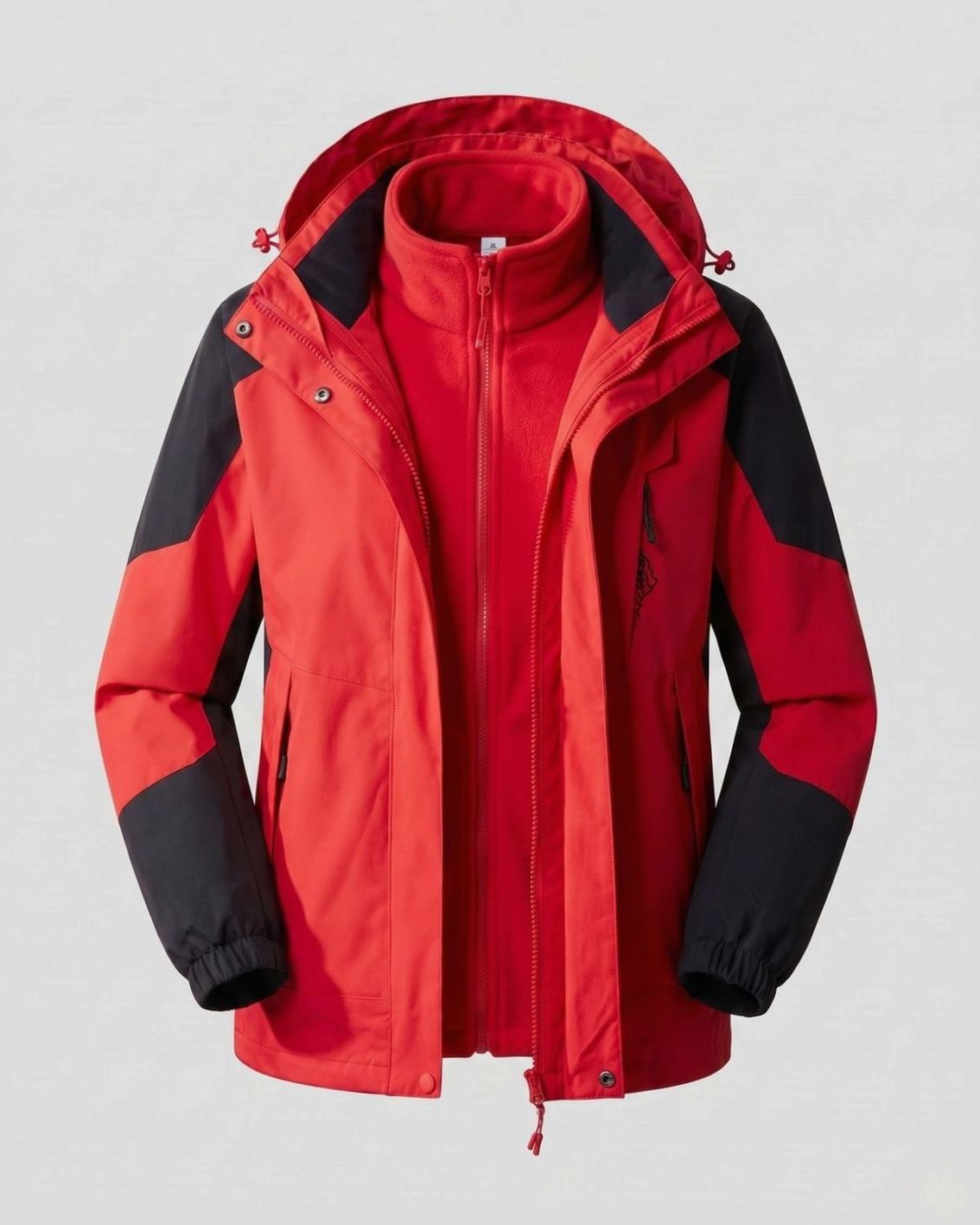 Homixa waterproof two-layer hooded outdoor jacket with adjustable hem and cuffs, shown in a rugged outdoor setting.