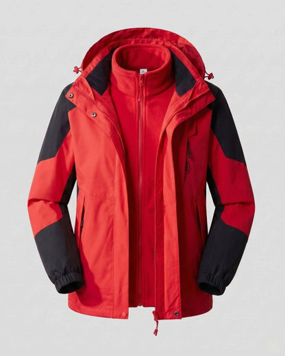 Homixa waterproof two-layer hooded outdoor jacket with adjustable hem and cuffs, shown in a rugged outdoor setting.