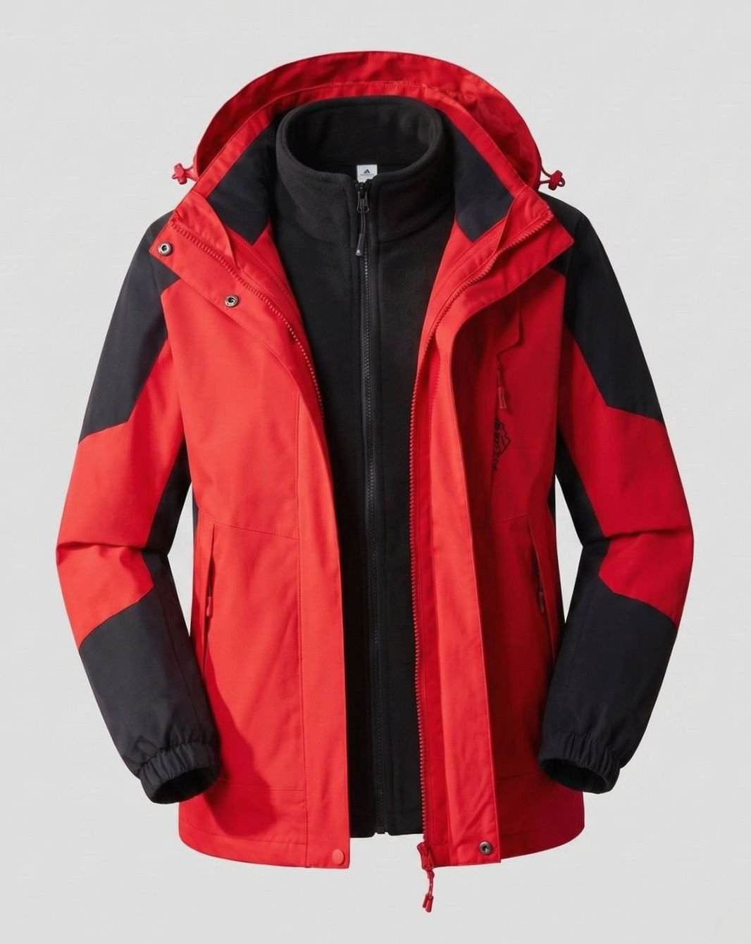 Homixa waterproof two-layer hooded outdoor jacket with adjustable hem and cuffs, featuring a front zipper and waterproof fabric.